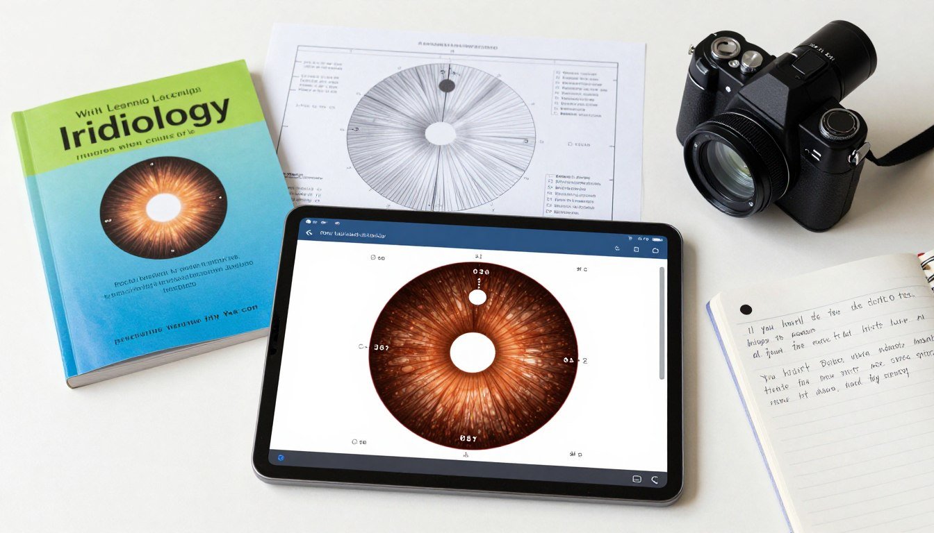 Educational resources for learning iridology basics including books, charts, and digital materials