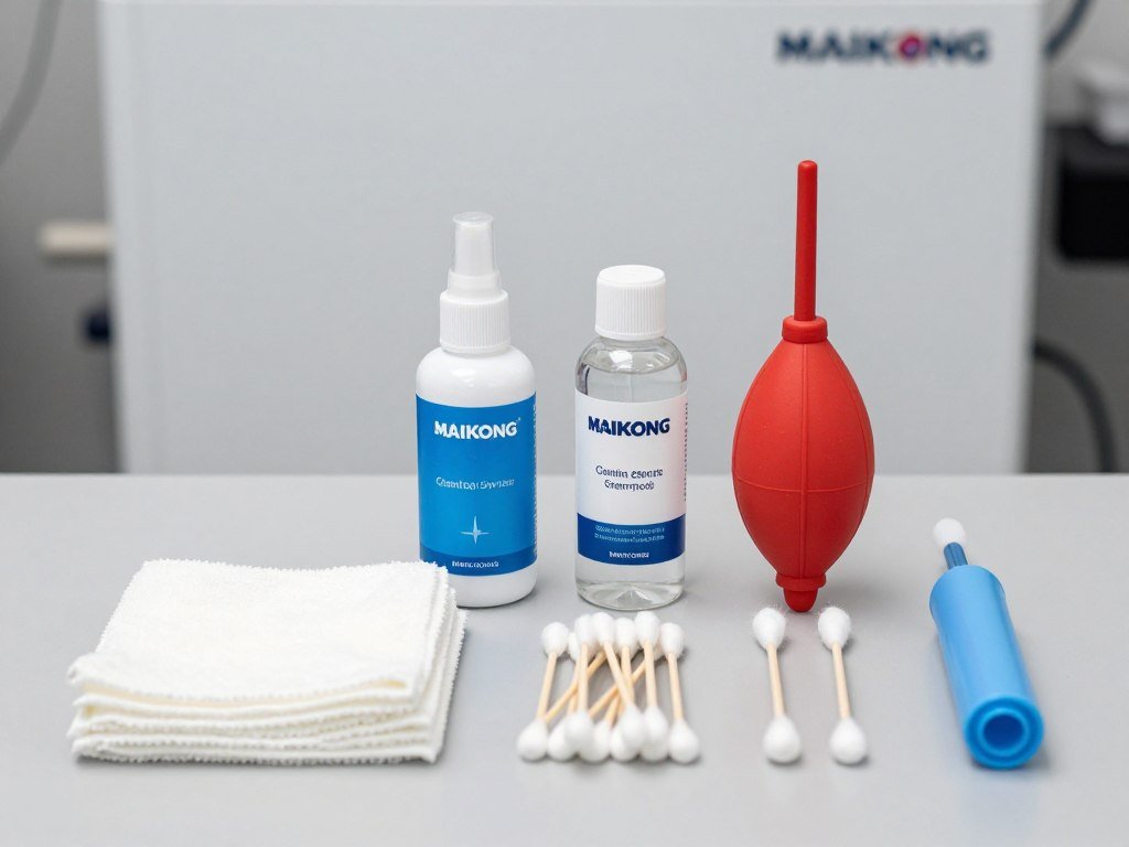 Essential cleaning supplies for MAIKONG iridology cameras arranged neatly