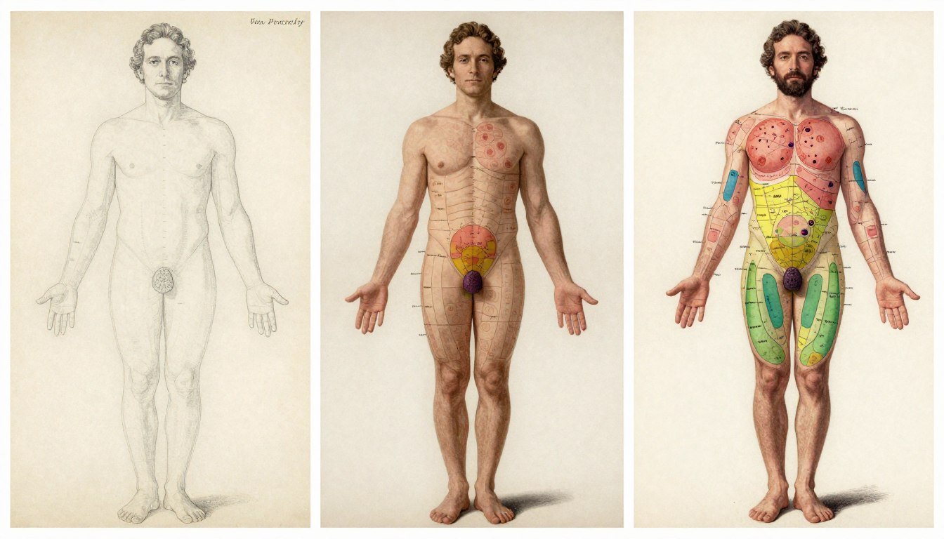Evolution of iridology charts from von Peczely to modern versions