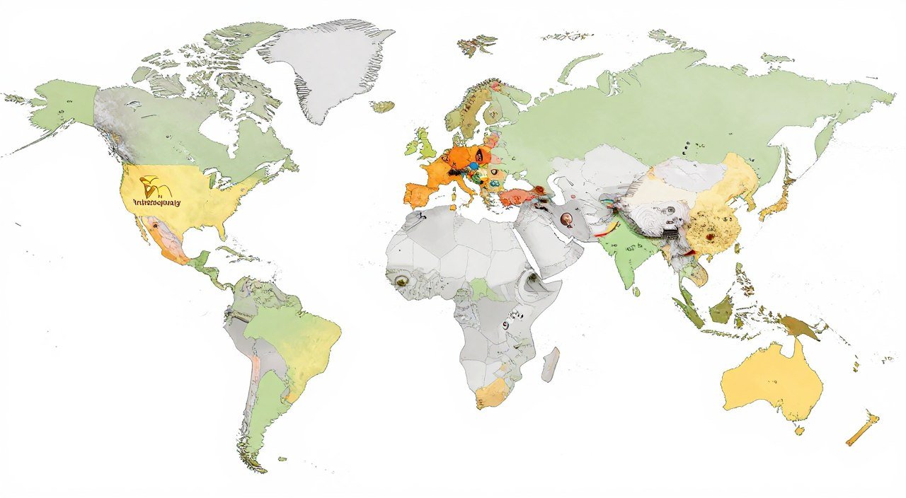 Global map showing the spread of iridology practice worldwide