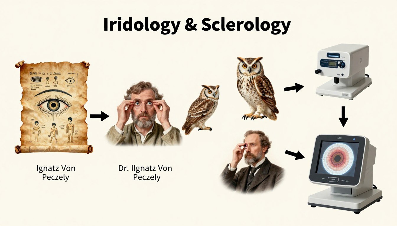 Historical timeline showing the development of iridology and sclerology practices across different cultures