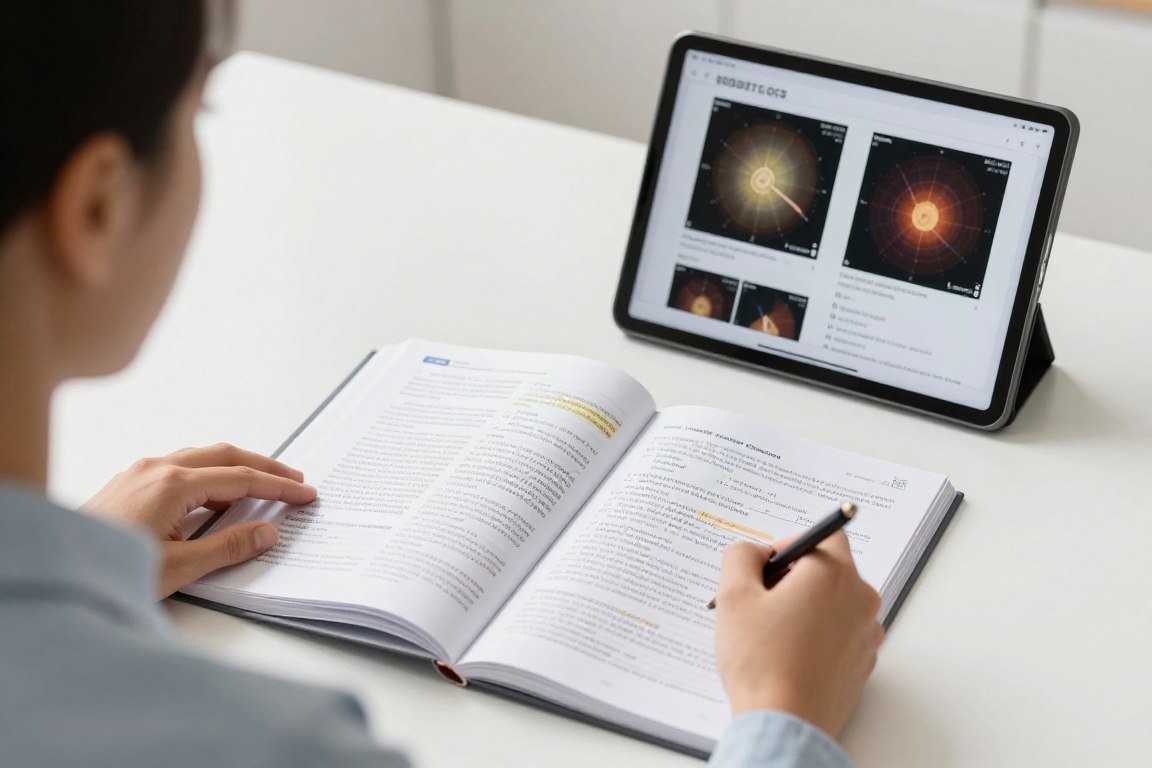 Iridology student studying with integrated iridology textbook and digital resources