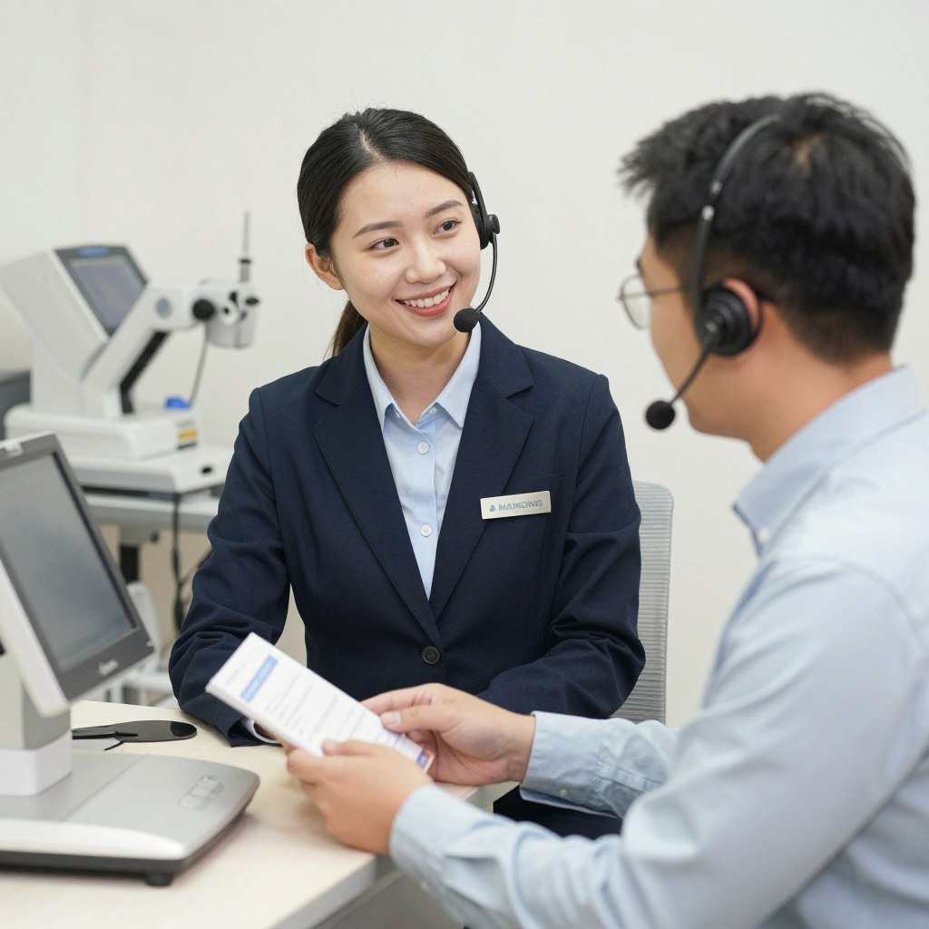 MAIKONG customer support team assisting with iridology equipment selection