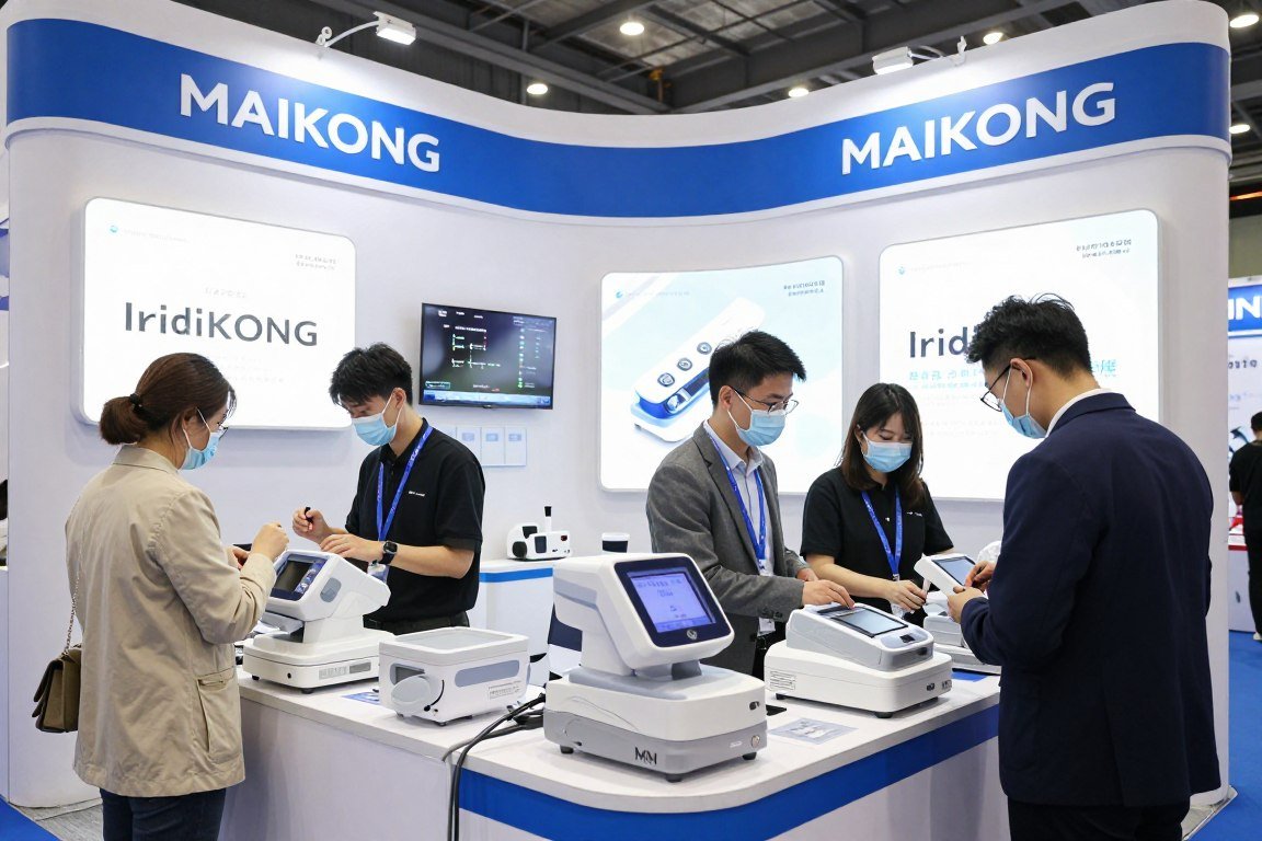 MAIKONG distribution partners at a professional trade show displaying iridology equipment