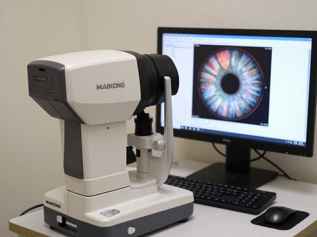 MAIKONG iridology camera capturing a detailed image of an iris displayed on a computer screen
