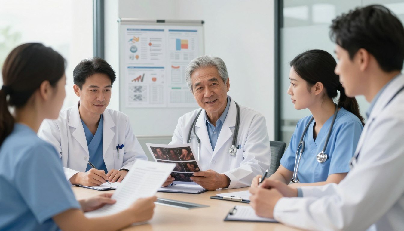 Multidisciplinary healthcare team discussing integrative cancer care approaches