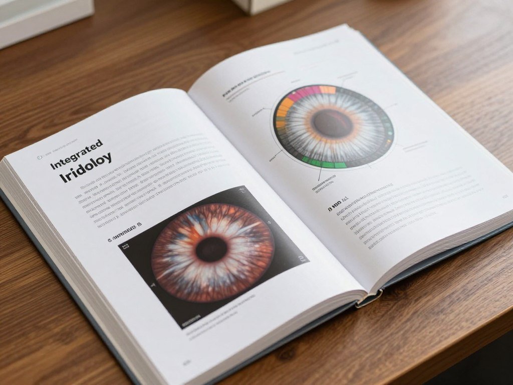 Open integrated iridology textbook showing detailed iris charts and annotations