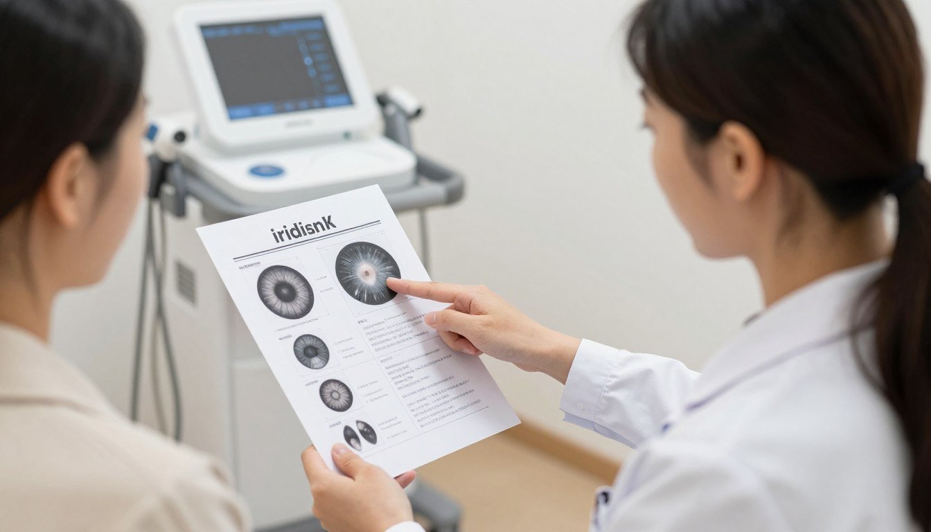 Practitioner reviewing an iridology analysis report with a client Practitioner reviewing an iridology analysis report with a client