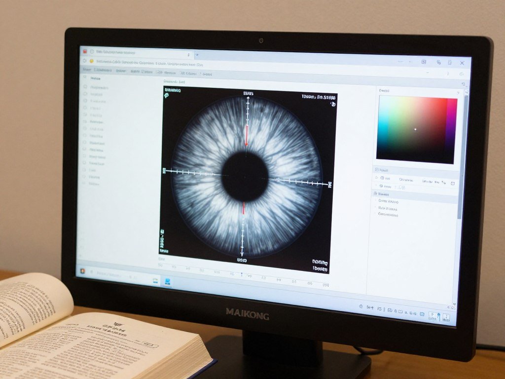 Digital iridology software analyzing iris patterns with reference to book-based knowledge
