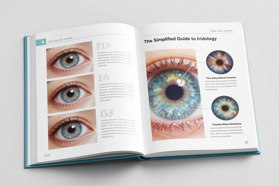 The Simplified Guide to Iridology book showing detailed iris photographs with analysis markers
