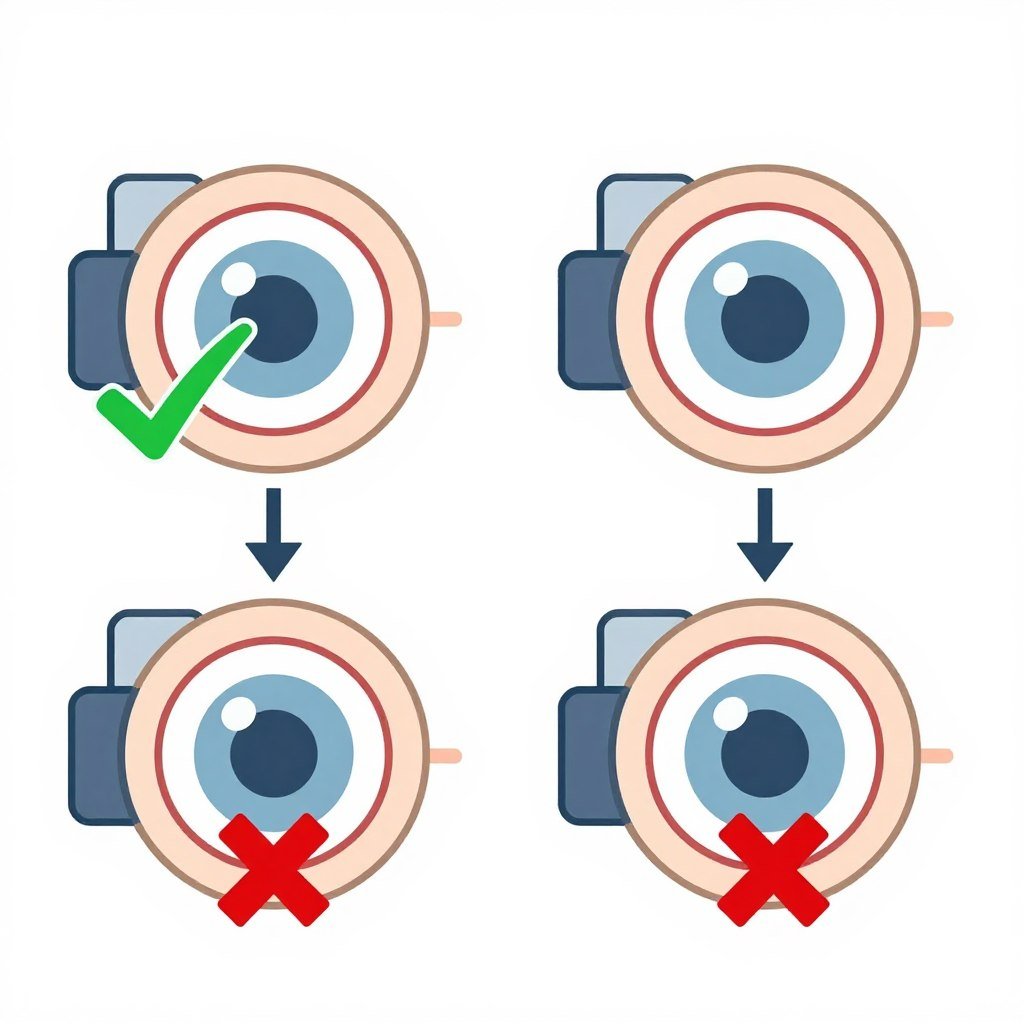 Diagram showing correct and incorrect camera angles for iris photography