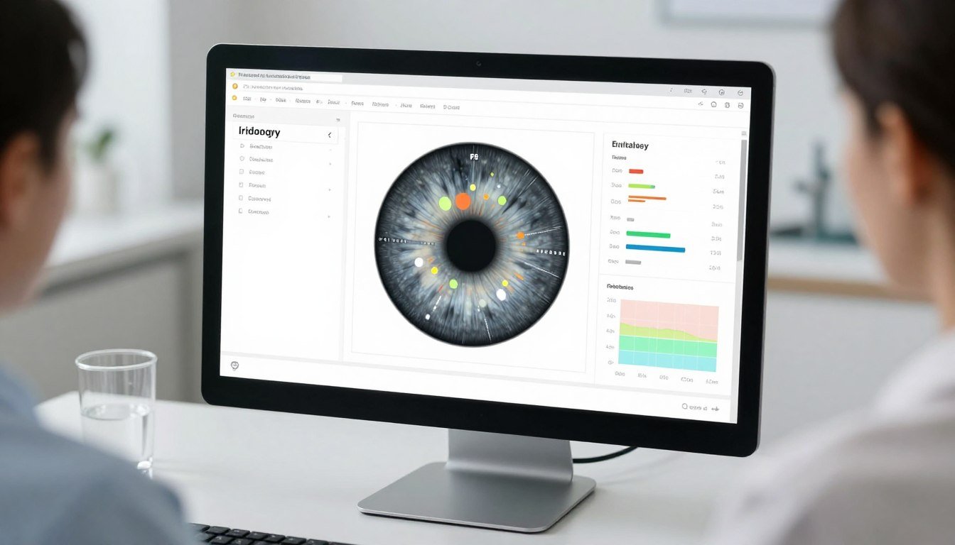 Iridology software interface displaying iris analysis results on computer screen