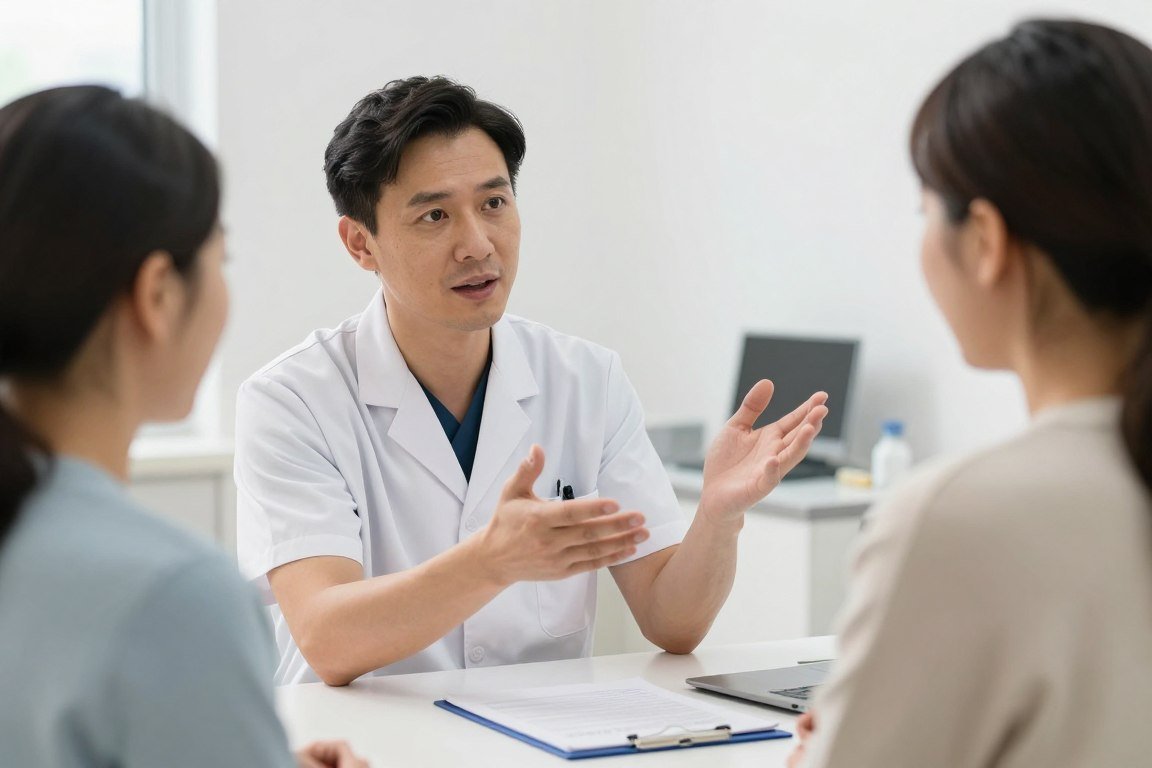 Practitioner guiding patient positioning during examination