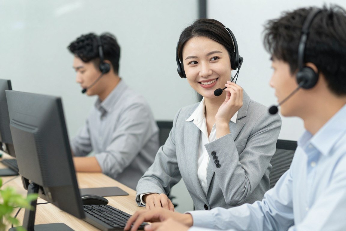 Professional customer support representative assisting iridology practitioner