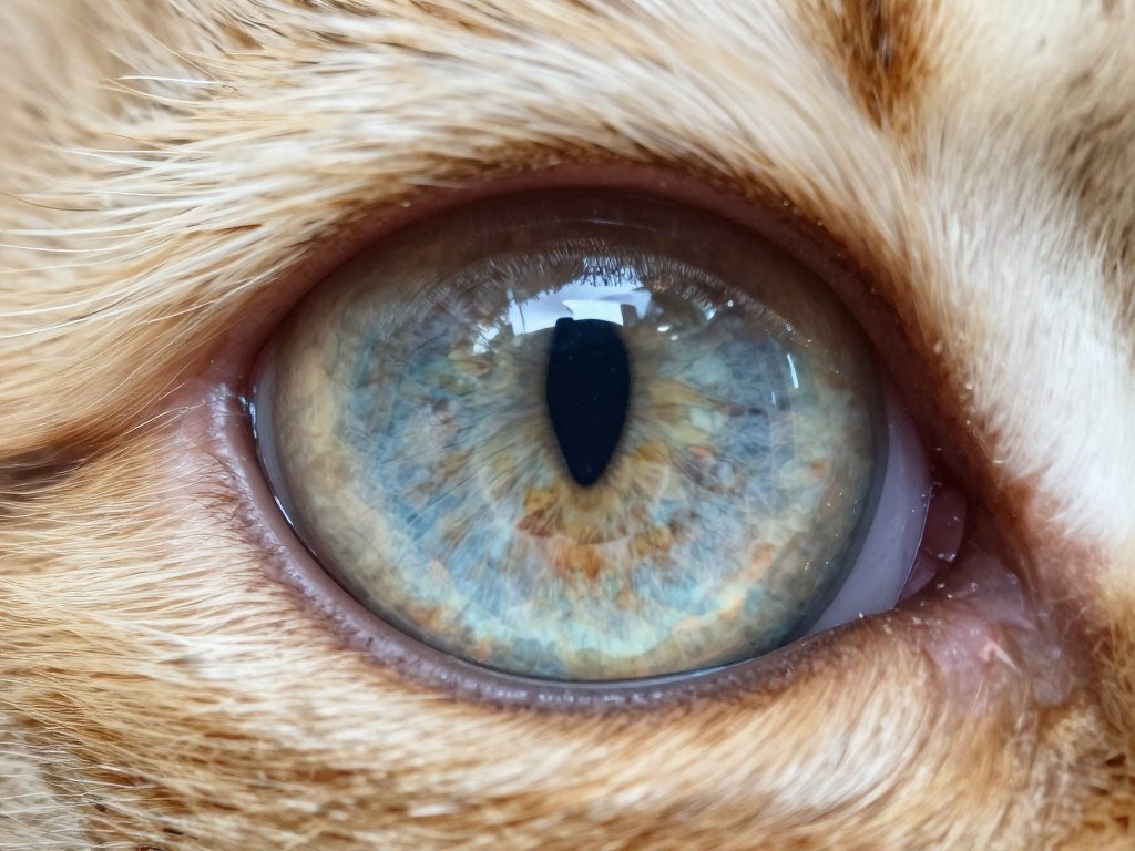 Close-up of cat iris showing unique feline eye structure and color patterns