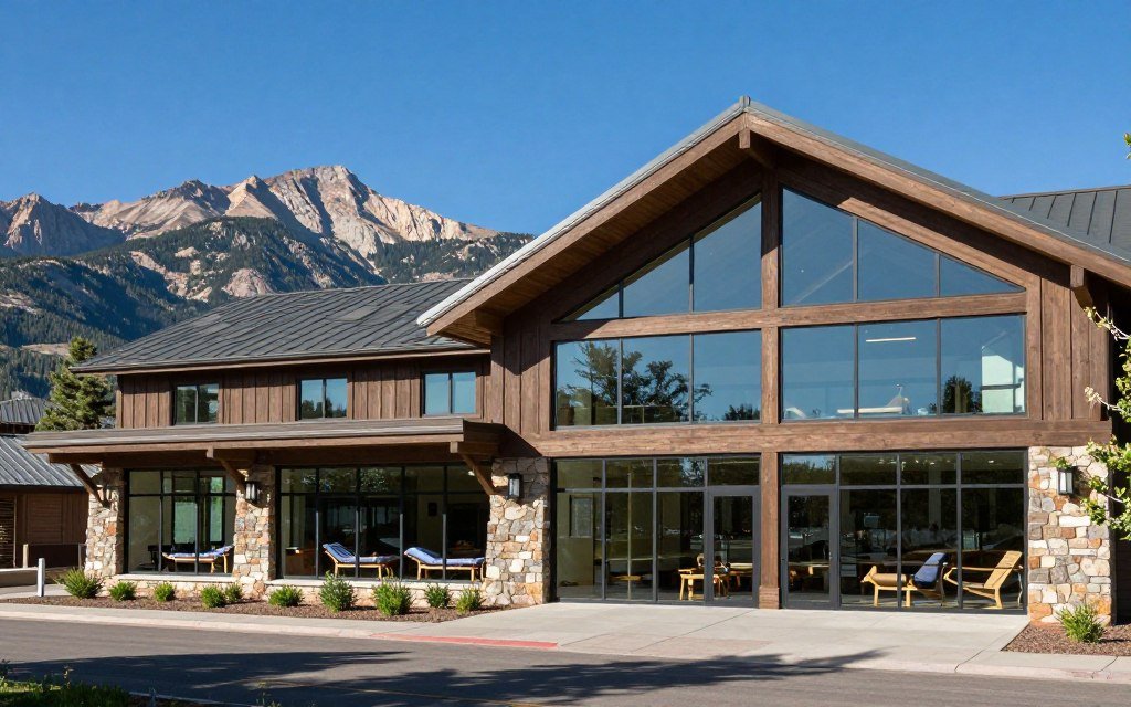 Colorado mountain landscape with wellness center in foreground