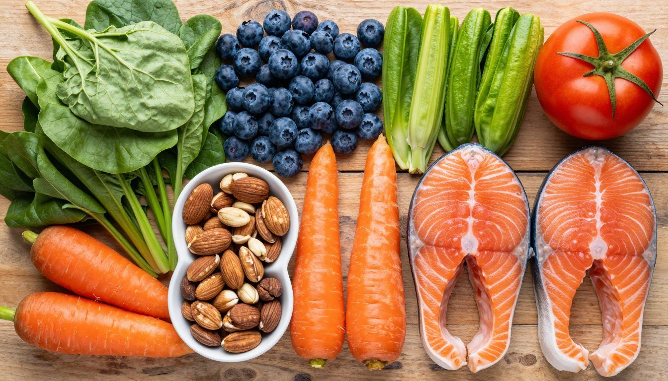 Colorful array of eye-healthy foods including leafy greens and berries