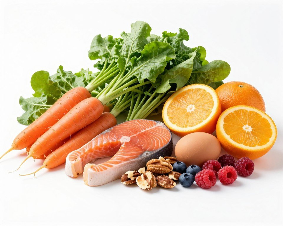 Colorful array of eye-healthy foods rich in vitamins and antioxidants
