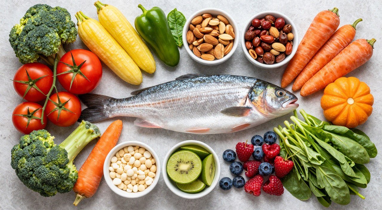 Colorful array of foods rich in eye-supporting vitamins and minerals