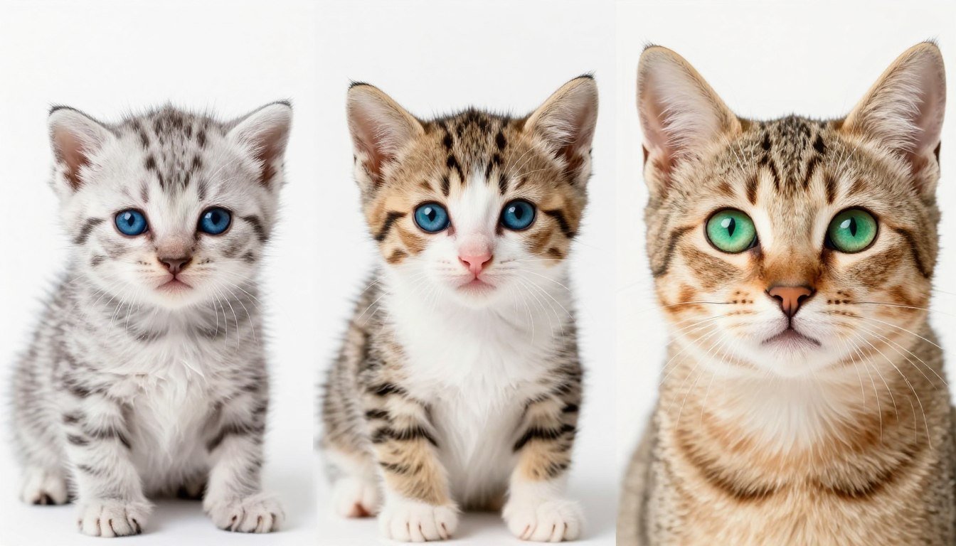 Comparison of kitten eye color development from blue to adult green
