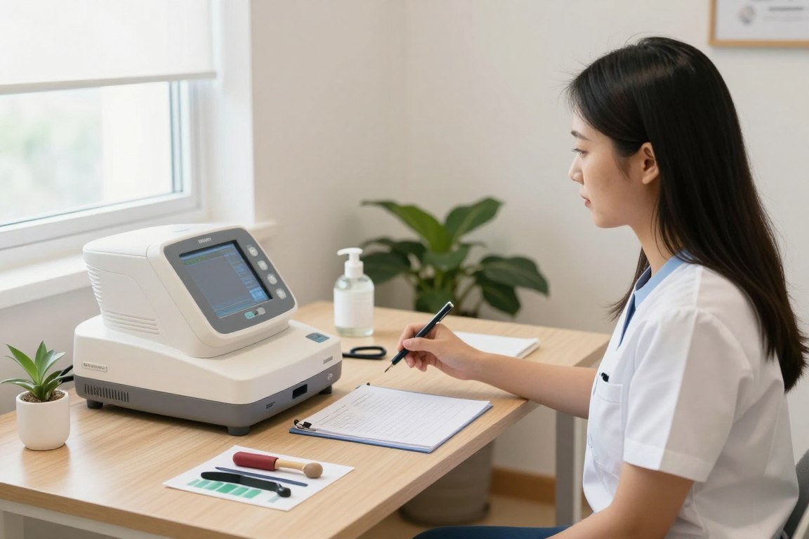 Holistic health practitioner's office showing various assessment tools and equipment Holistic health practitioner's office showing various assessment tools and equipment