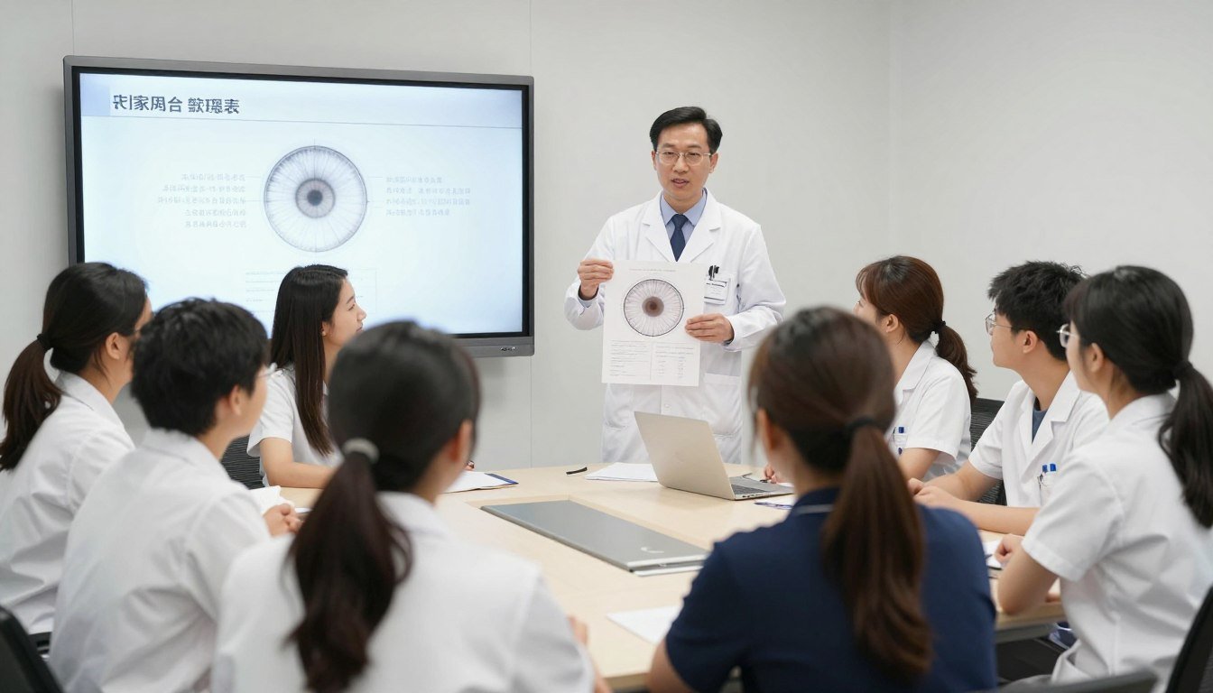 Iridology training workshop with students examining iris charts