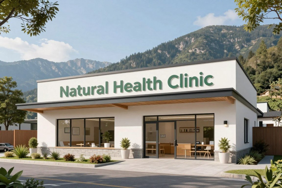 Natural health clinic exterior in mountain region