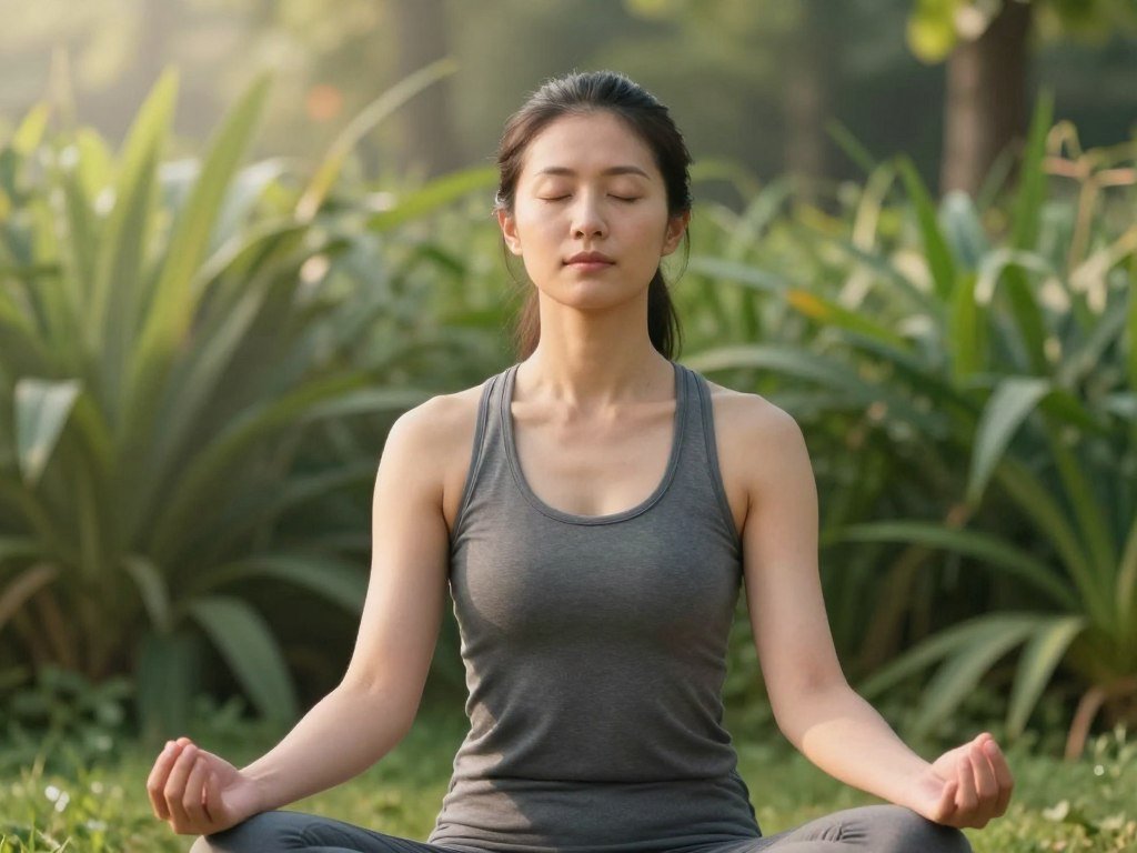 Person practicing meditation for stress reduction and eye health