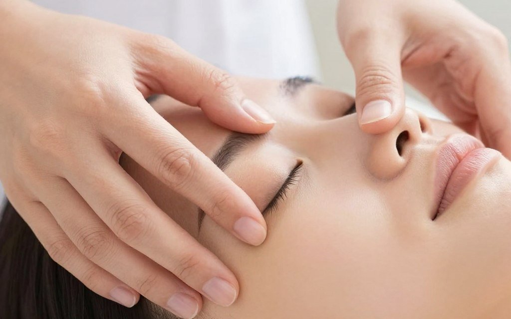 Practitioner applying acupressure points around the eye area