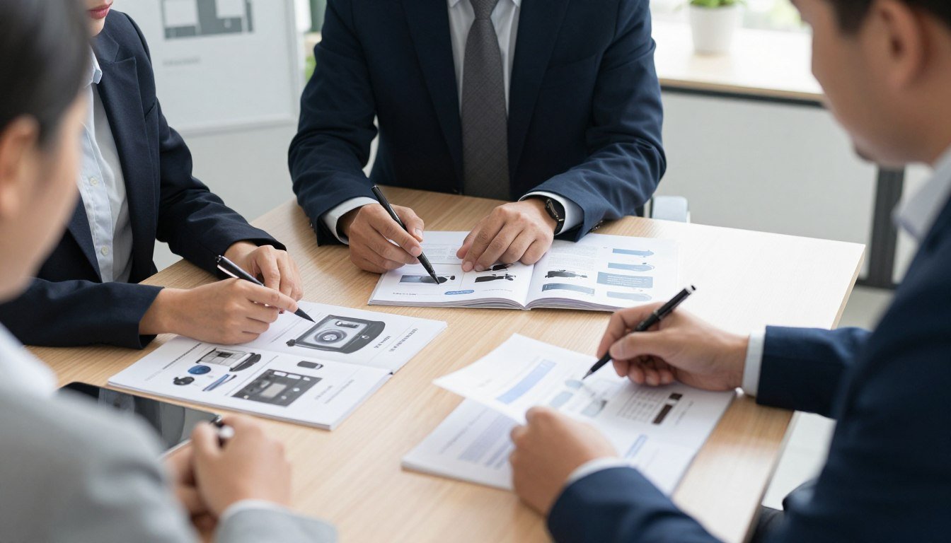 Professional business partnership meeting discussing iridology equipment distribution