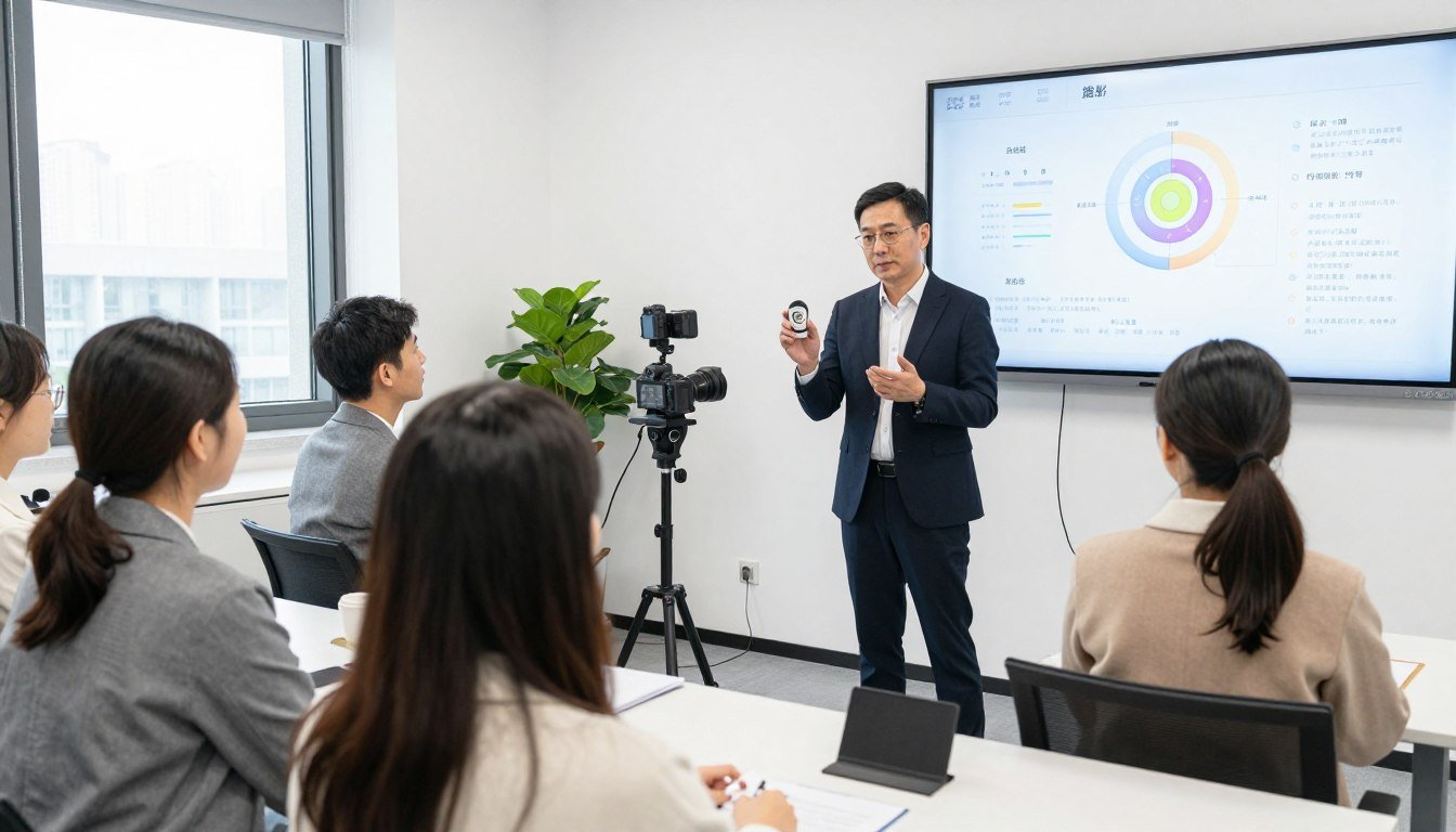 Professional iridology training session with camera equipment and educational materials