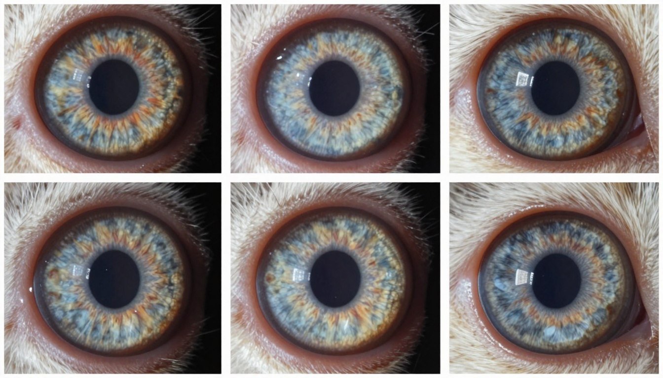 Timeline series showing cat iris changes over several years