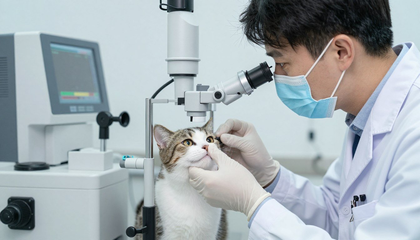 Veterinarian examining cat eye with specialized equipment
