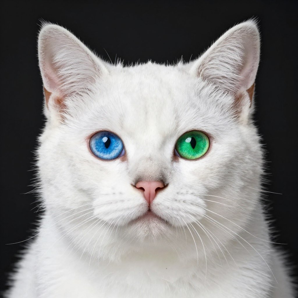 White cat with heterochromia showing one blue eye and one green eye