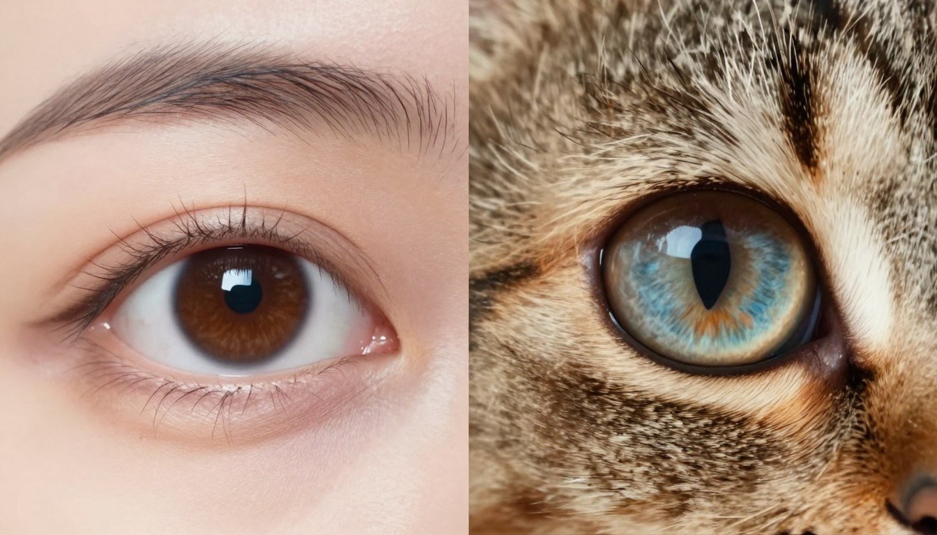 comparison between human and feline eye showing iridology principles in different species