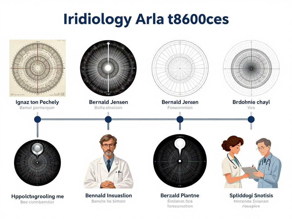 Historical timeline showing evolution of iridology charts from Ignaz von Peczely to modern mapping systems Historical timeline showing evolution of iridology charts from Ignaz von Peczely to modern mapping systems