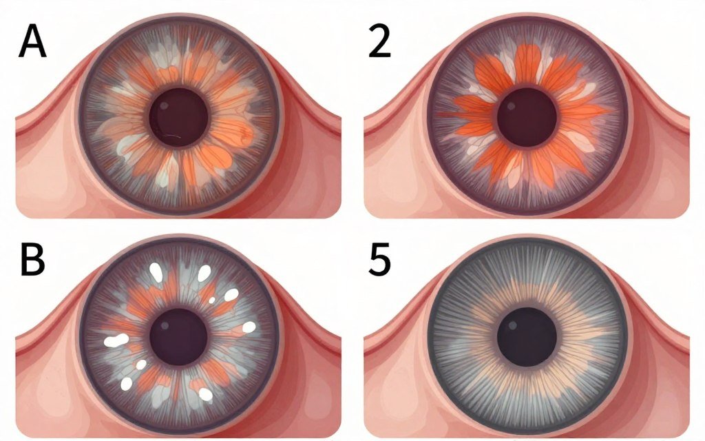 Series of close-up iris images showing different pathological kidney zone markers including lacunae, pigmentation, and fiber abnormalities Series of close-up iris images showing different pathological kidney zone markers including lacunae, pigmentation, and fiber abnormalities