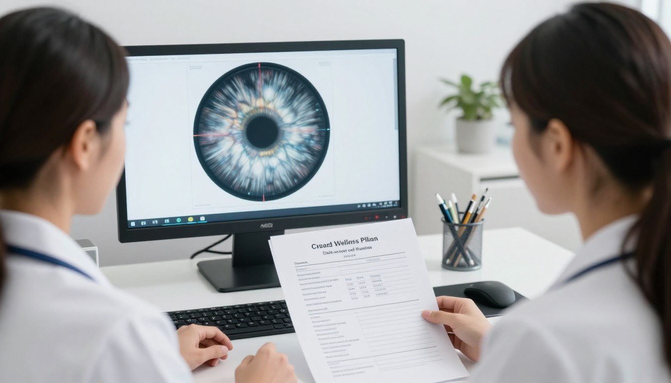Wellness practitioner reviewing left iris chart analysis with client, showing personalized health recommendations Wellness practitioner reviewing left iris chart analysis with client, showing personalized health recommendations